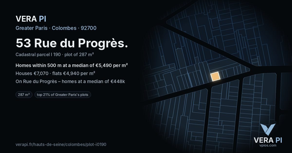 53 Rue du Progrès, Colombes at night – the plot lit, the parcels around coloured by the prices near them