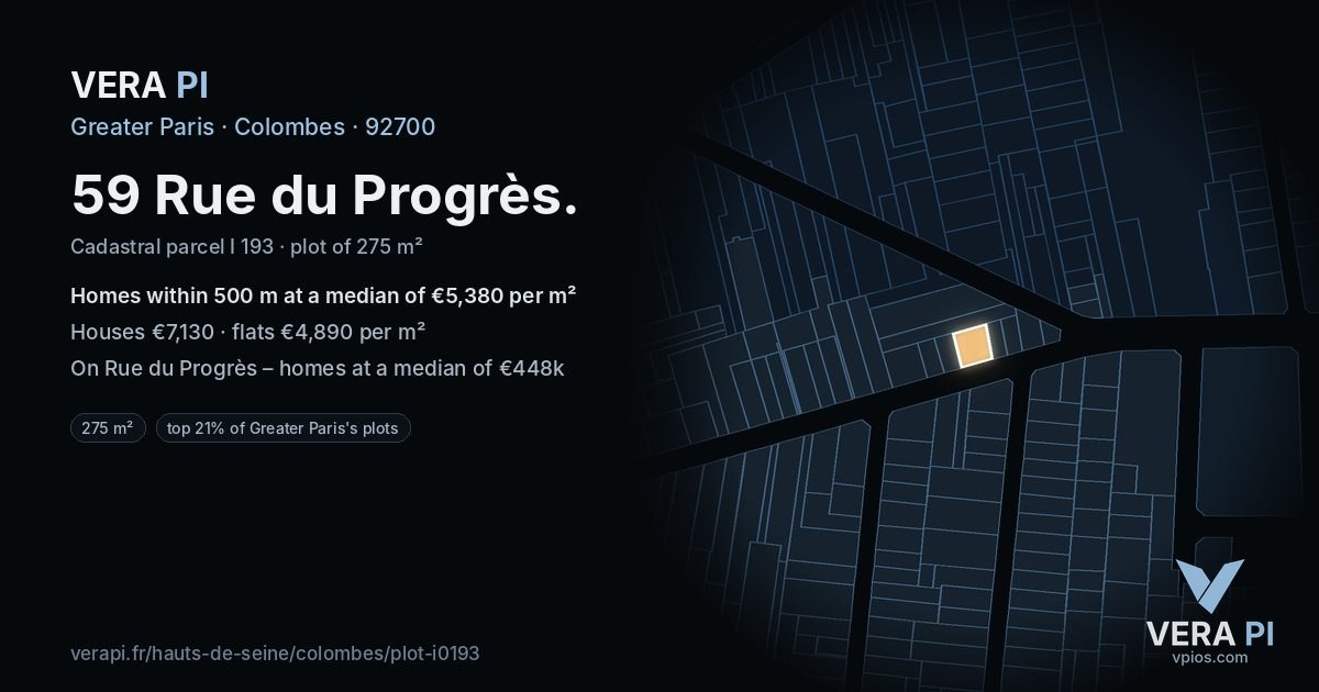 59 Rue du Progrès, Colombes at night – the plot lit, the parcels around coloured by the prices near them