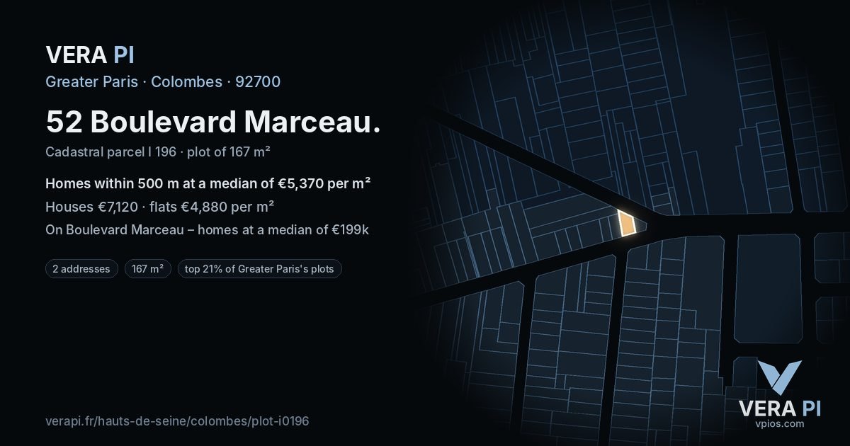 52 Boulevard Marceau, Colombes at night – the plot lit, the parcels around coloured by the prices near them