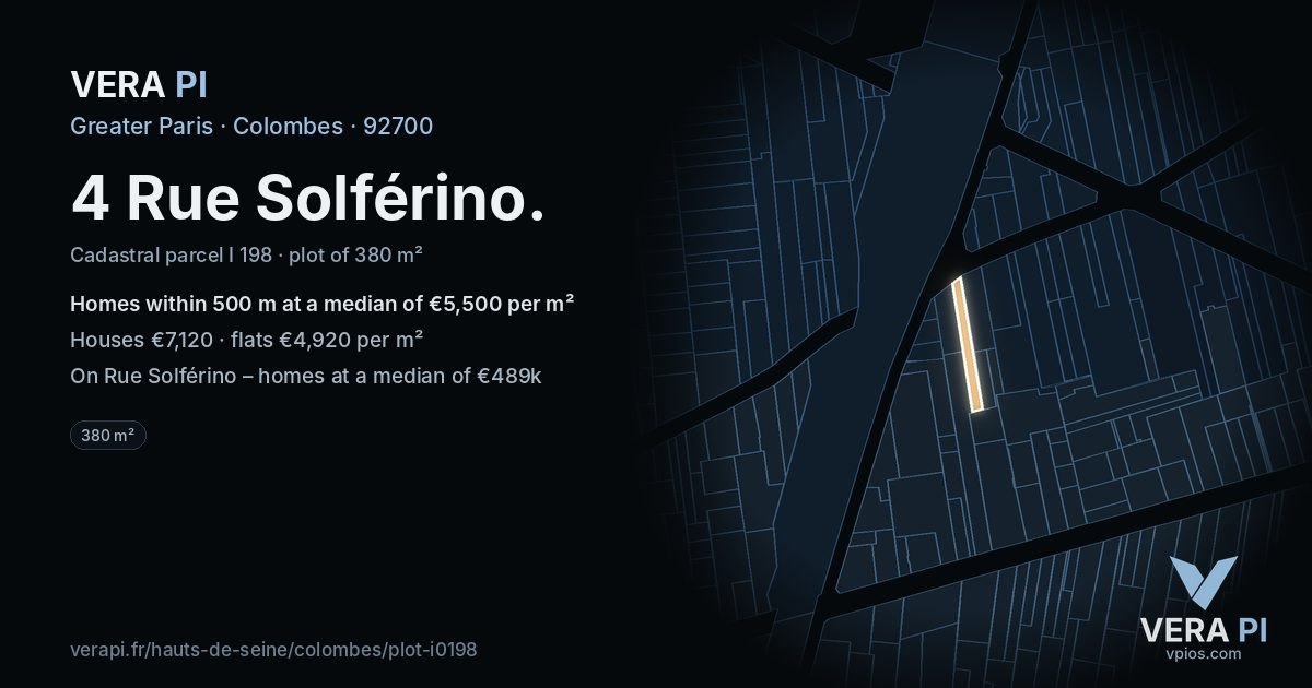 4 Rue Solférino, Colombes at night – the plot lit, the parcels around coloured by the prices near them