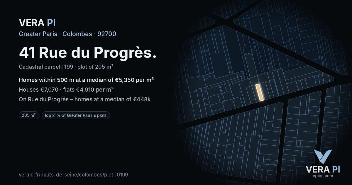 41 Rue du Progrès, Colombes at night – the plot lit, the parcels around coloured by the prices near them