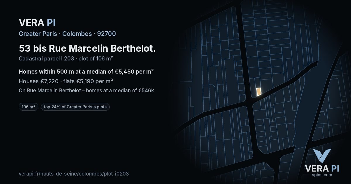 53 bis Rue Marcelin Berthelot, Colombes at night – the plot lit, the parcels around coloured by the prices near them