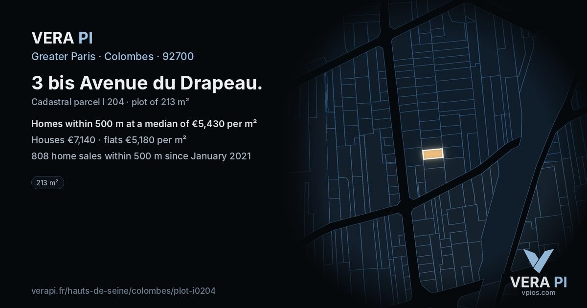 3 bis Avenue du Drapeau, Colombes at night – the plot lit, the parcels around coloured by the prices near them