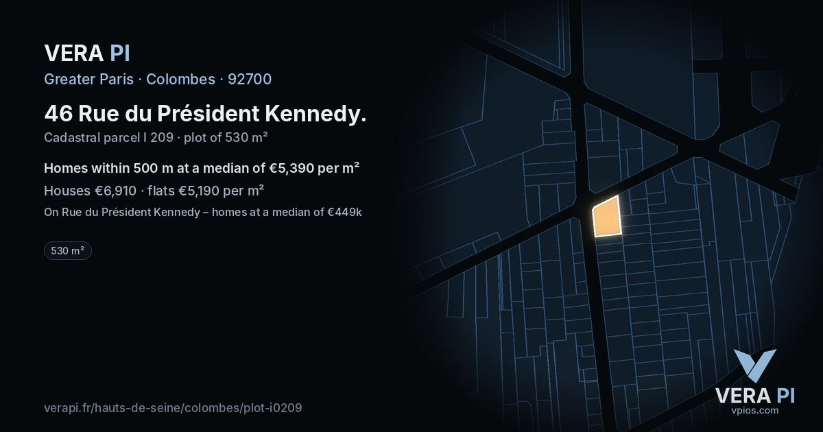 46 Rue du Président Kennedy, Colombes at night – the plot lit, the parcels around coloured by the prices near them
