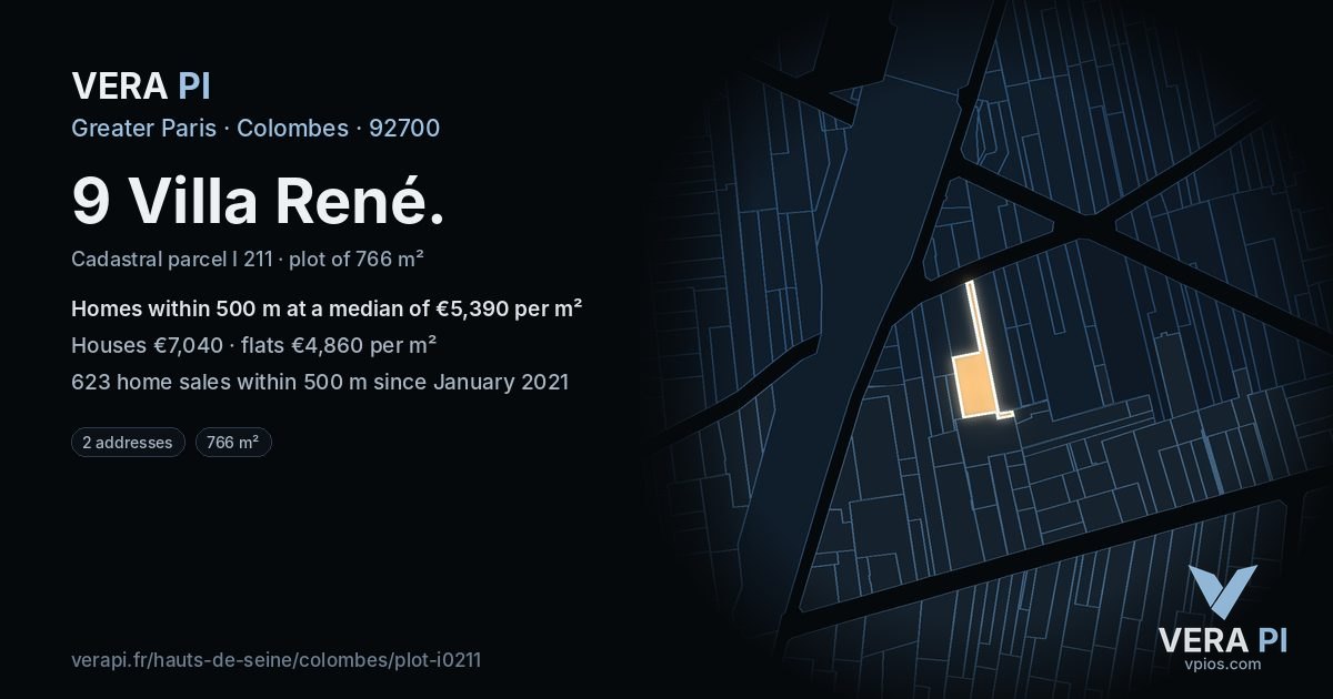 9 Villa René, Colombes at night – the plot lit, the parcels around coloured by the prices near them