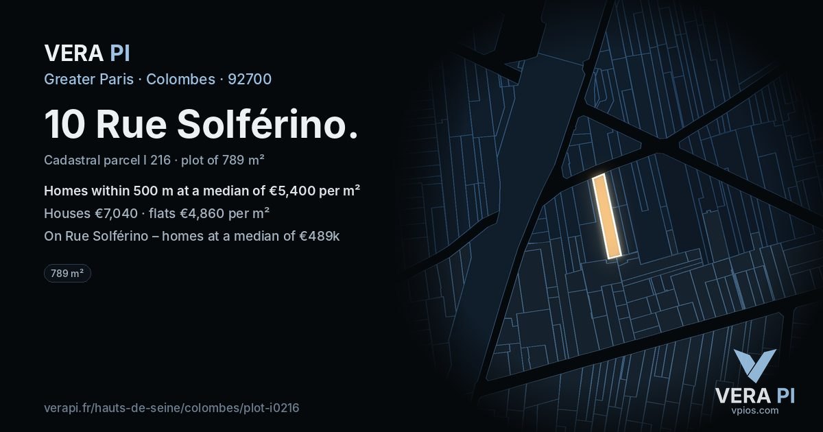 10 Rue Solférino, Colombes at night – the plot lit, the parcels around coloured by the prices near them