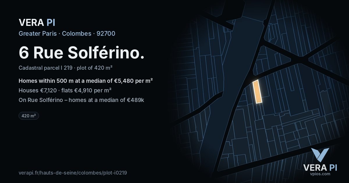 6 Rue Solférino, Colombes at night – the plot lit, the parcels around coloured by the prices near them