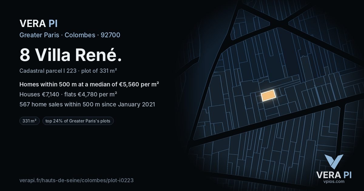 8 Villa René, Colombes at night – the plot lit, the parcels around coloured by the prices near them