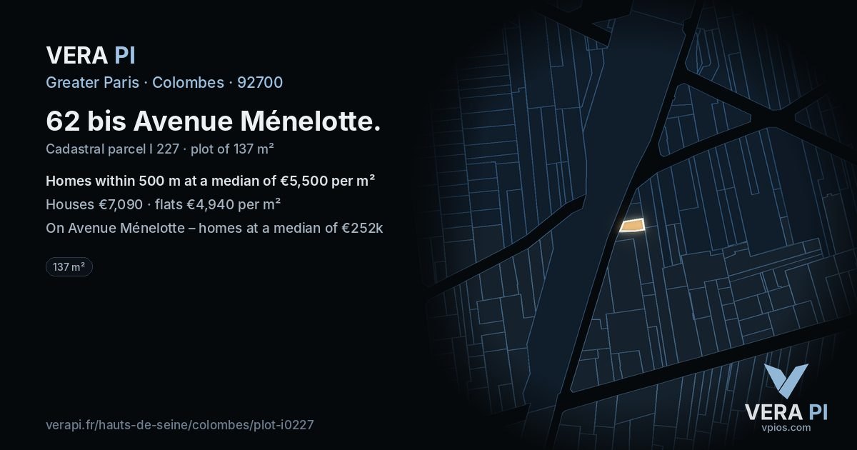 62 bis Avenue Ménelotte, Colombes at night – the plot lit, the parcels around coloured by the prices near them