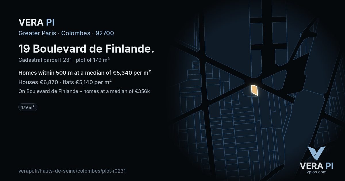 19 Boulevard de Finlande, Colombes at night – the plot lit, the parcels around coloured by the prices near them