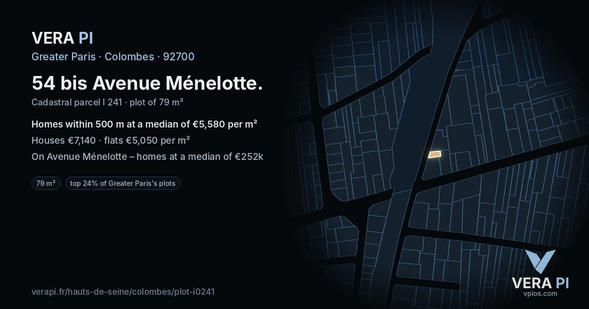 54 bis Avenue Ménelotte, Colombes at night – the plot lit, the parcels around coloured by the prices near them