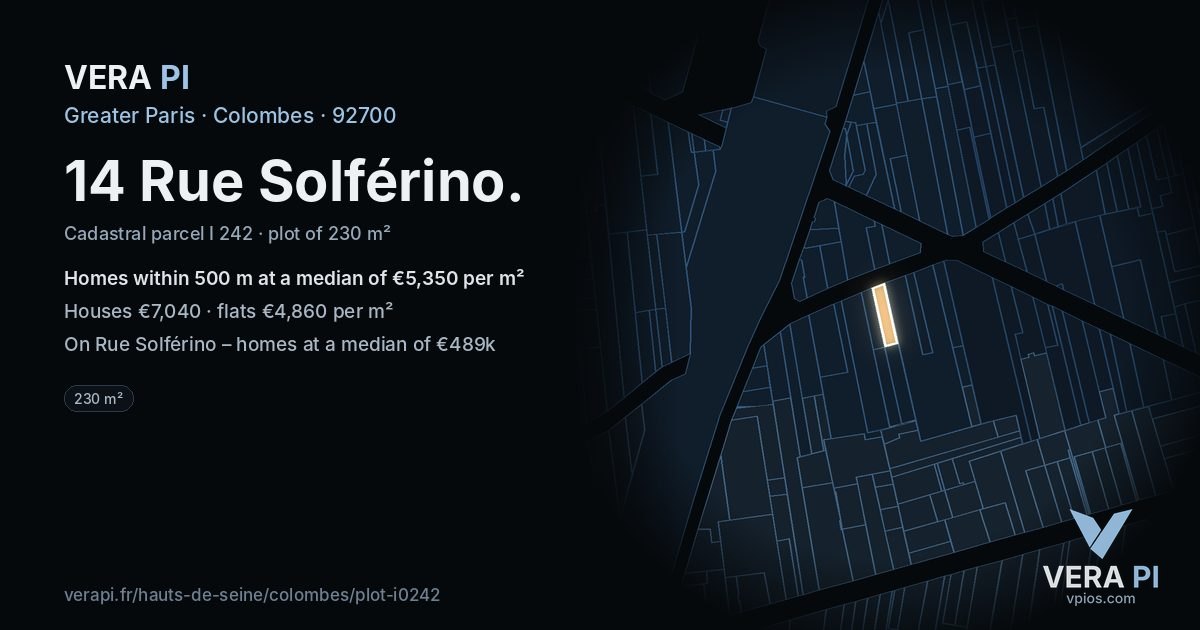 14 Rue Solférino, Colombes at night – the plot lit, the parcels around coloured by the prices near them