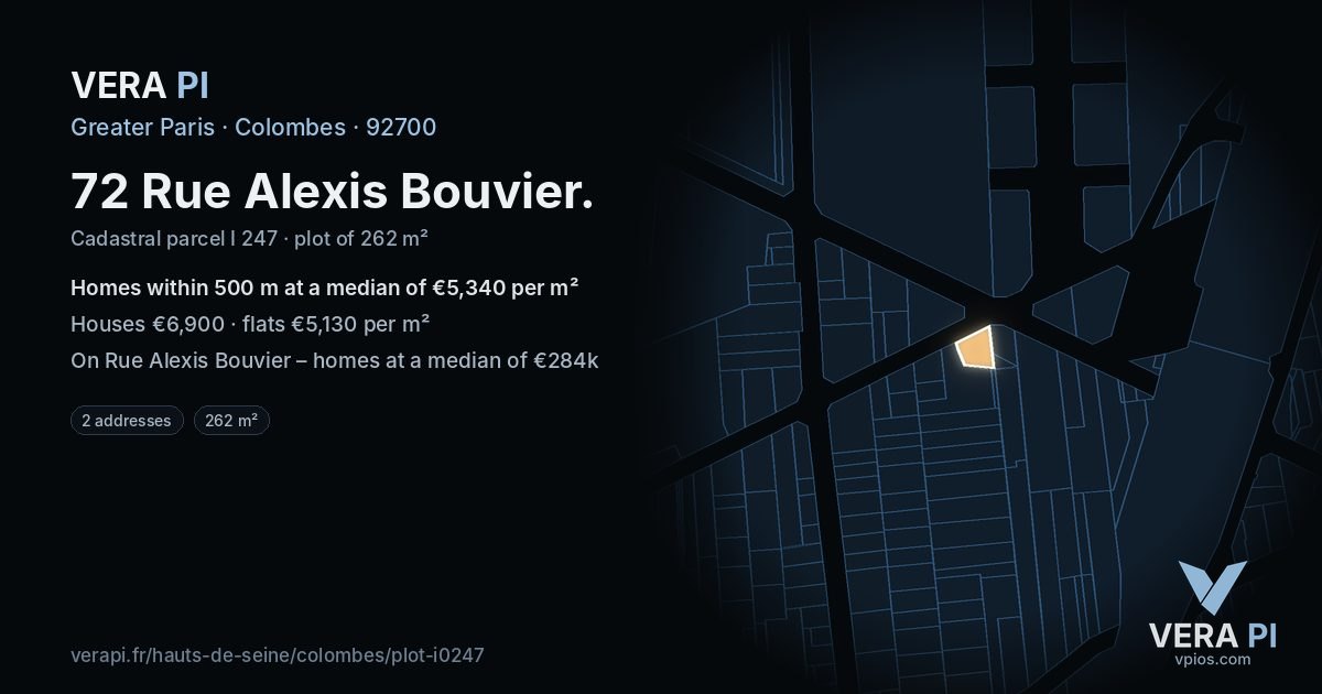 72 Rue Alexis Bouvier, Colombes at night – the plot lit, the parcels around coloured by the prices near them