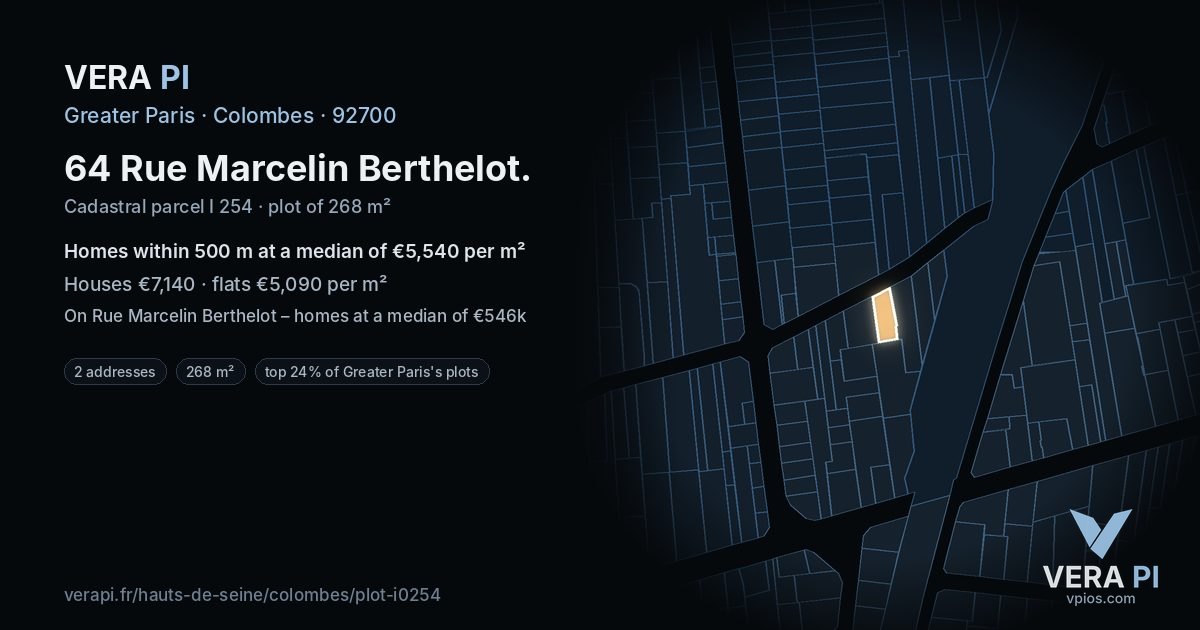 64 Rue Marcelin Berthelot, Colombes at night – the plot lit, the parcels around coloured by the prices near them