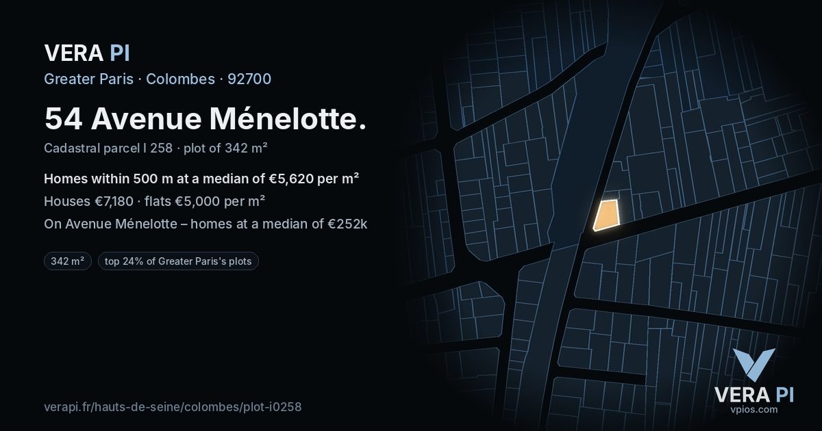 54 Avenue Ménelotte, Colombes at night – the plot lit, the parcels around coloured by the prices near them