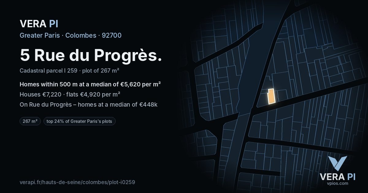 5 Rue du Progrès, Colombes at night – the plot lit, the parcels around coloured by the prices near them