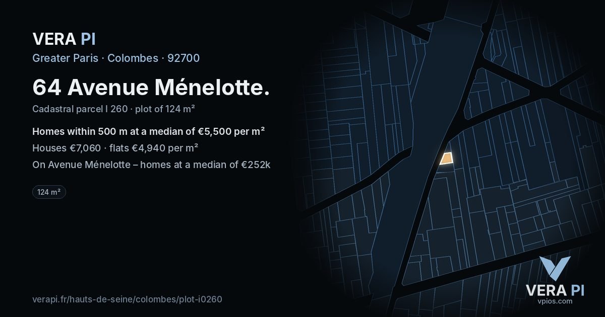 64 Avenue Ménelotte, Colombes at night – the plot lit, the parcels around coloured by the prices near them