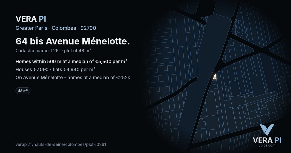 64 bis Avenue Ménelotte, Colombes at night – the plot lit, the parcels around coloured by the prices near them