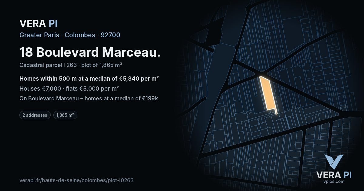 18 Boulevard Marceau, Colombes at night – the plot lit, the parcels around coloured by the prices near them