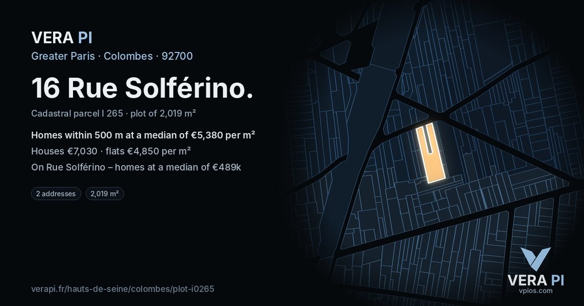 16 Rue Solférino, Colombes at night – the plot lit, the parcels around coloured by the prices near them