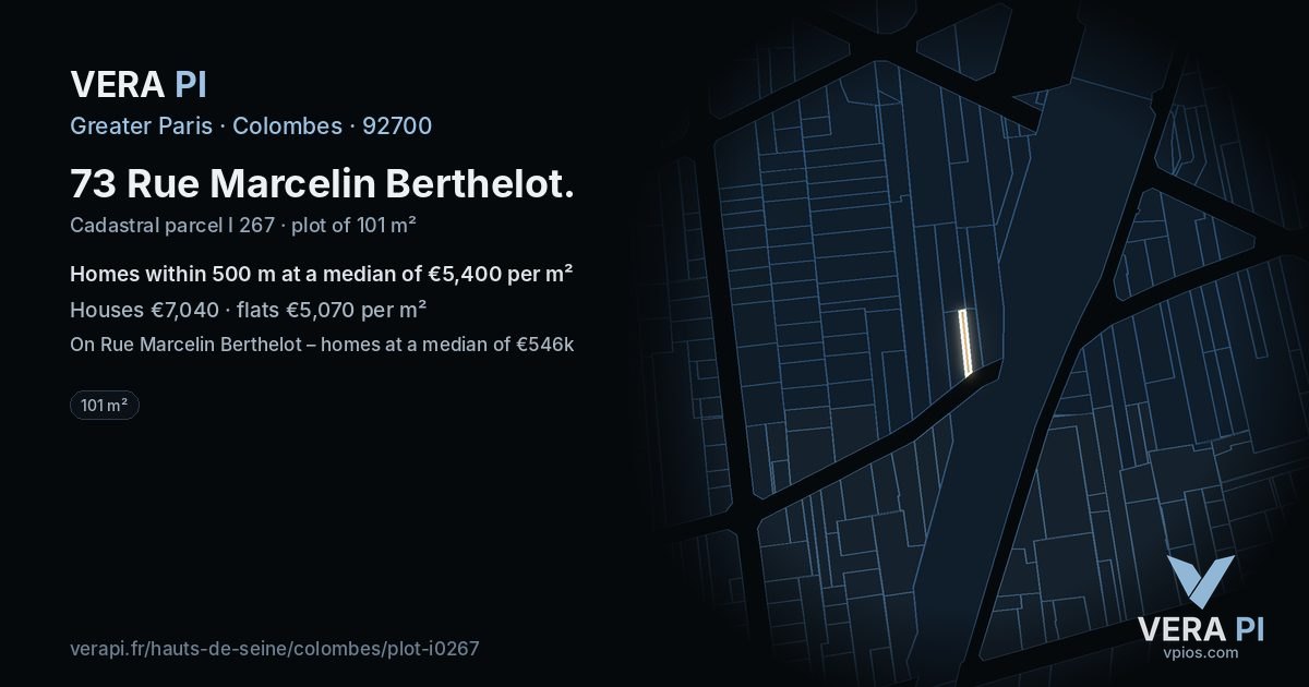 73 Rue Marcelin Berthelot, Colombes at night – the plot lit, the parcels around coloured by the prices near them