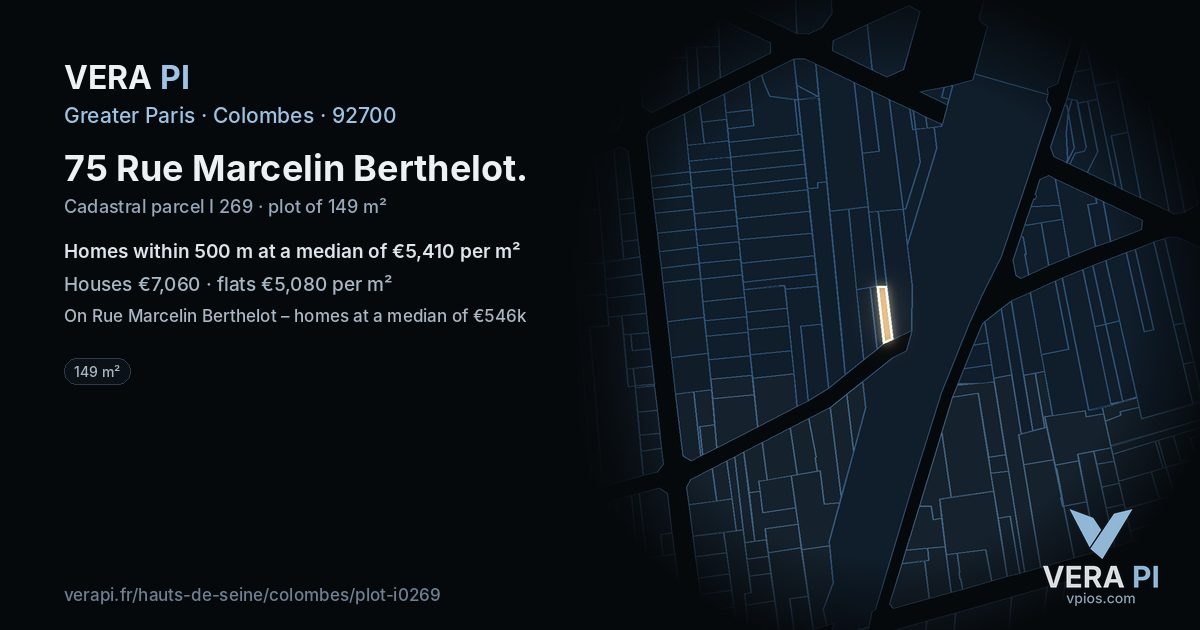 75 Rue Marcelin Berthelot, Colombes at night – the plot lit, the parcels around coloured by the prices near them