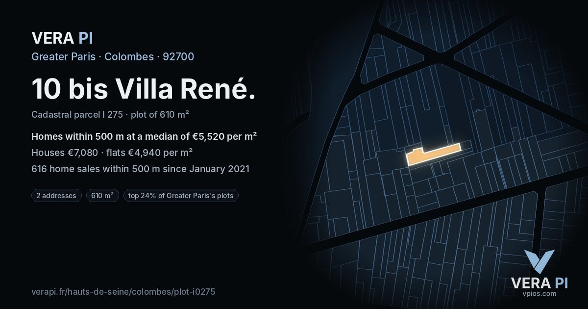 10 bis Villa René, Colombes at night – the plot lit, the parcels around coloured by the prices near them