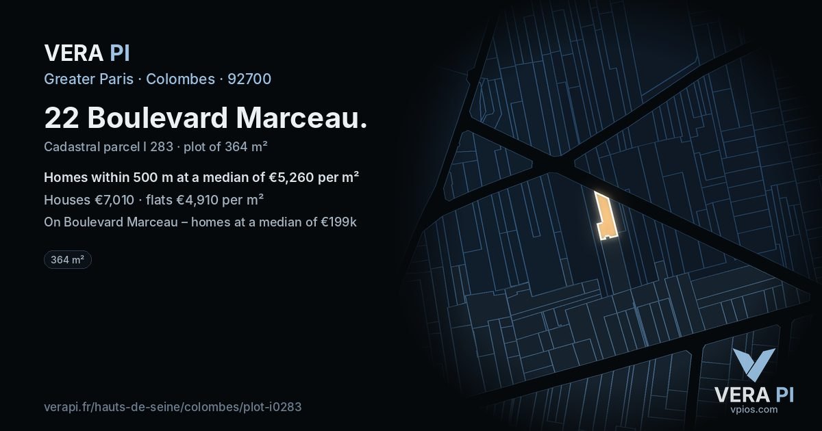 22 Boulevard Marceau, Colombes at night – the plot lit, the parcels around coloured by the prices near them