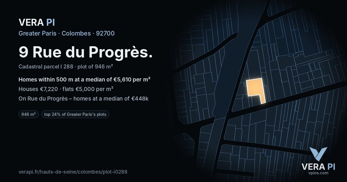 9 Rue du Progrès, Colombes at night – the plot lit, the parcels around coloured by the prices near them