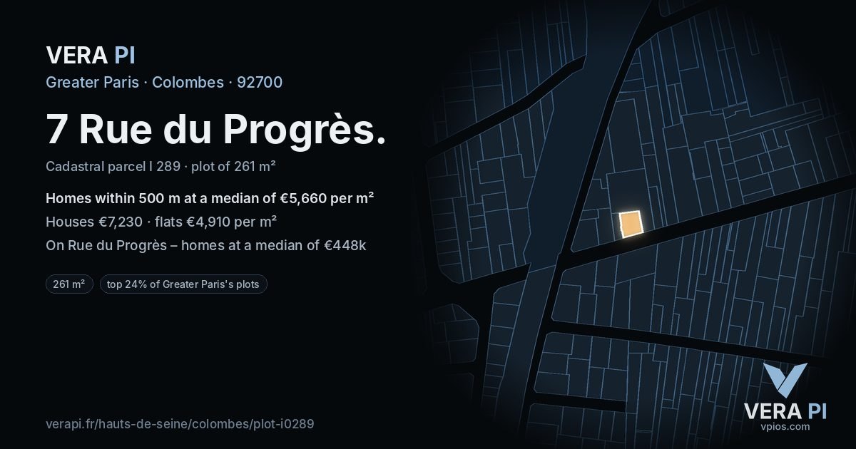 7 Rue du Progrès, Colombes at night – the plot lit, the parcels around coloured by the prices near them