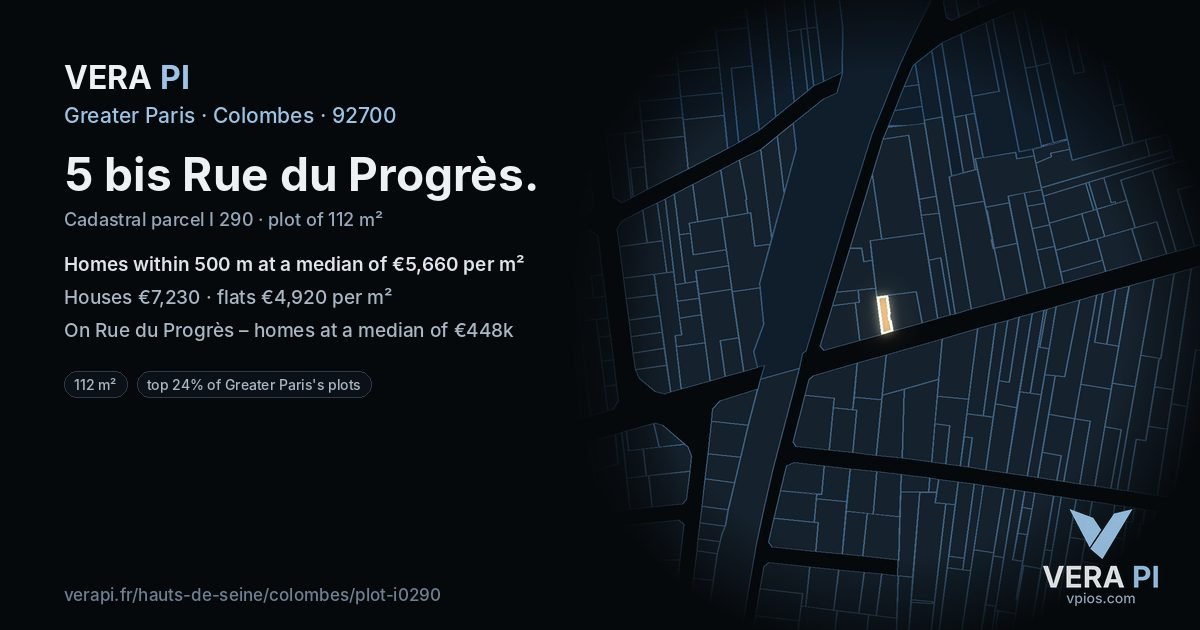 5 bis Rue du Progrès, Colombes at night – the plot lit, the parcels around coloured by the prices near them