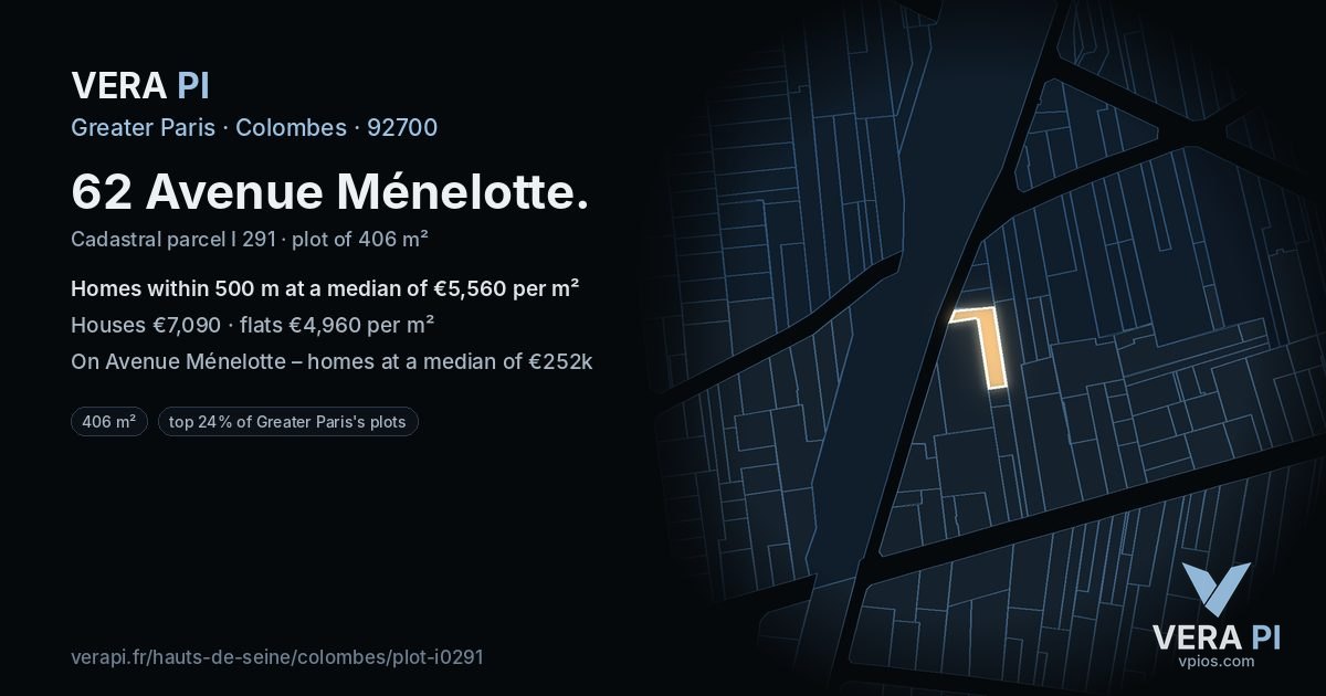 62 Avenue Ménelotte, Colombes at night – the plot lit, the parcels around coloured by the prices near them