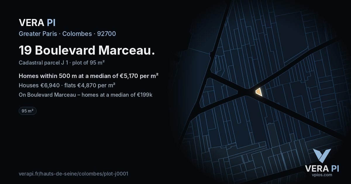 19 Boulevard Marceau, Colombes at night – the plot lit, the parcels around coloured by the prices near them