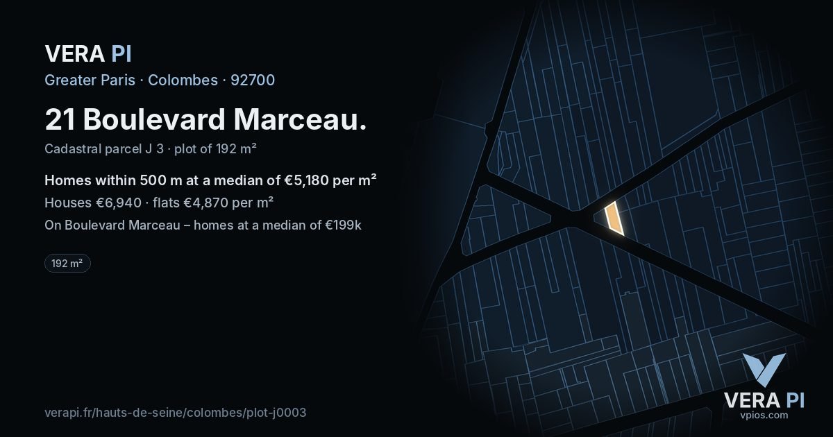 21 Boulevard Marceau, Colombes at night – the plot lit, the parcels around coloured by the prices near them