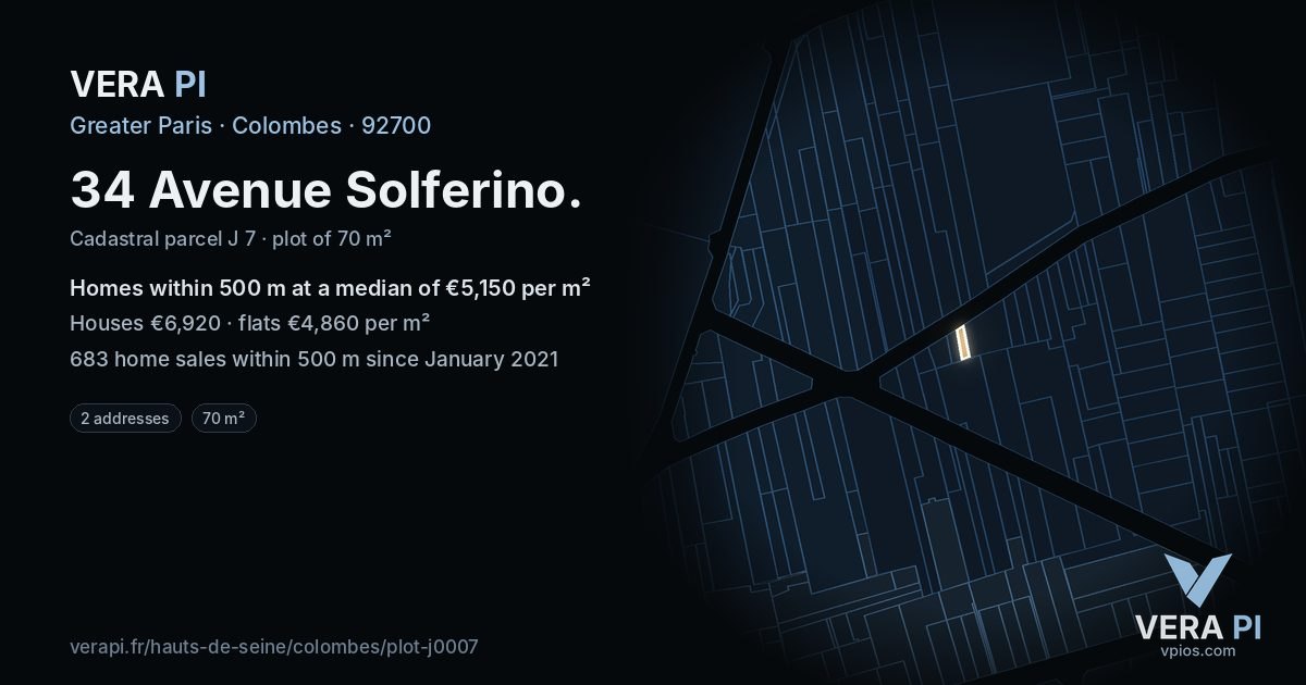 34 Avenue Solferino, Colombes at night – the plot lit, the parcels around coloured by the prices near them
