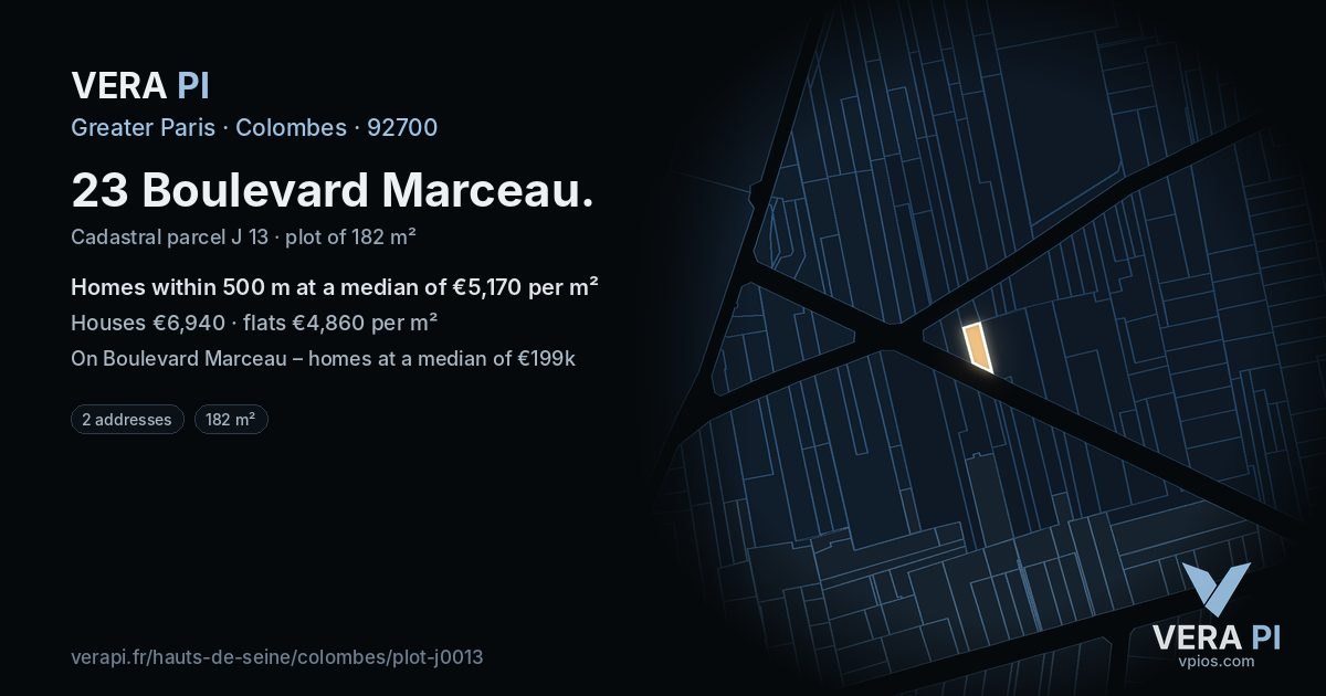 23 Boulevard Marceau, Colombes at night – the plot lit, the parcels around coloured by the prices near them