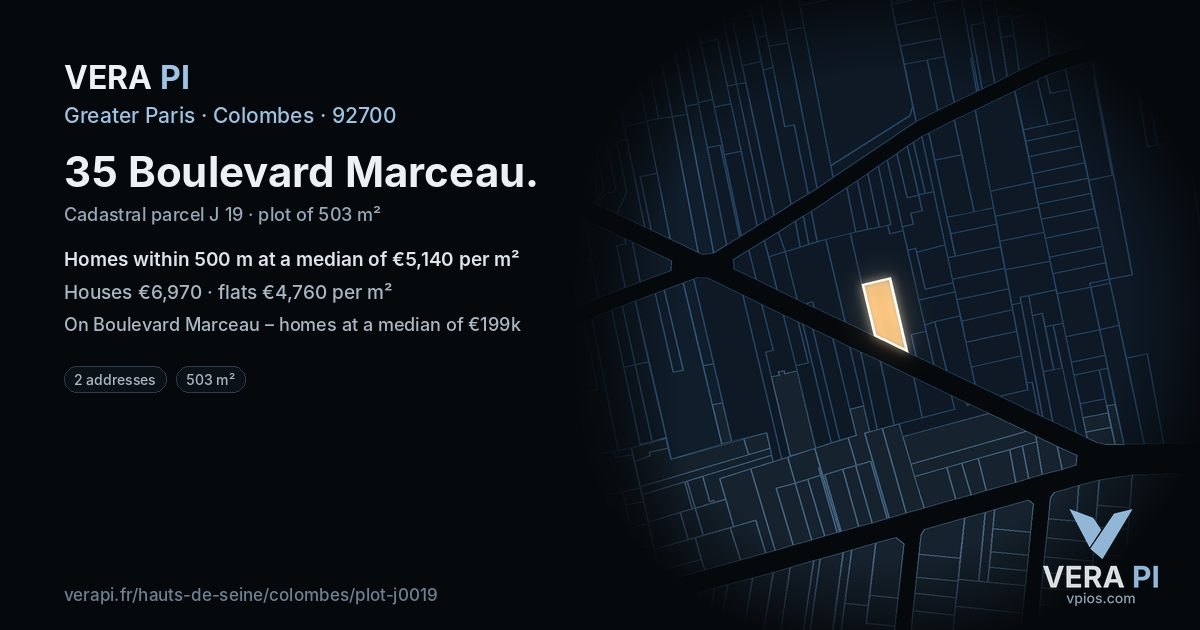 35 Boulevard Marceau, Colombes at night – the plot lit, the parcels around coloured by the prices near them