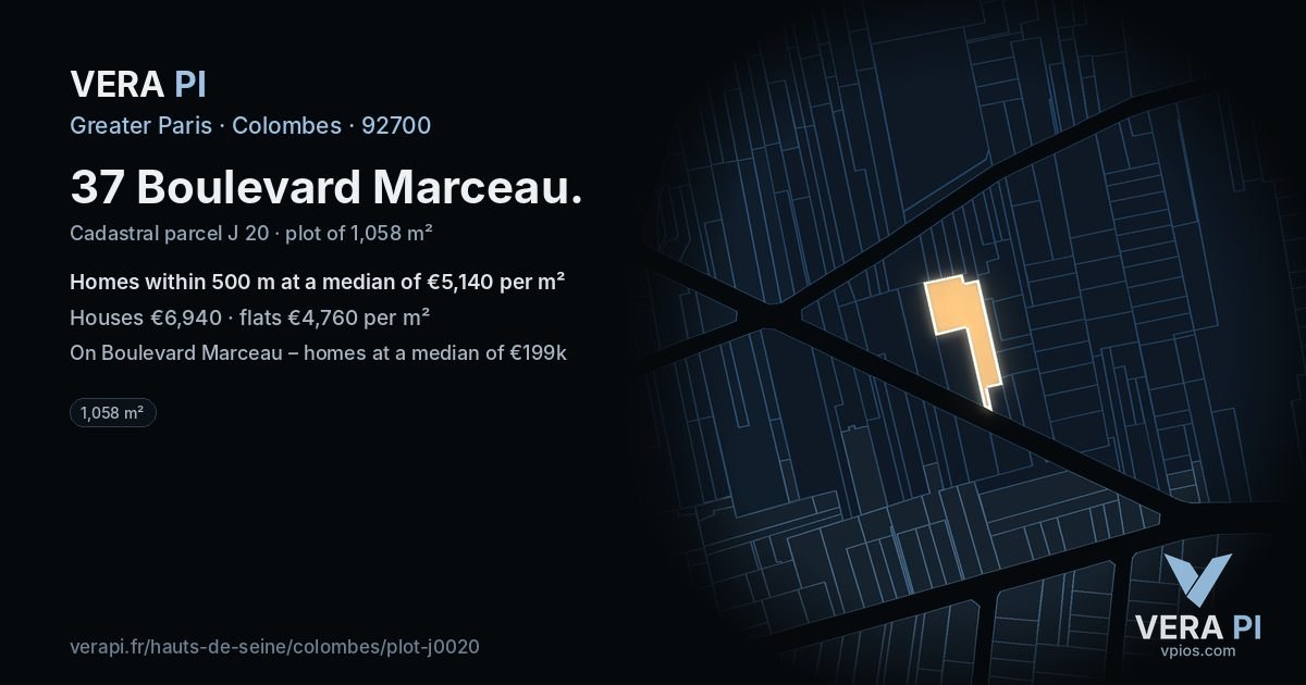 37 Boulevard Marceau, Colombes at night – the plot lit, the parcels around coloured by the prices near them