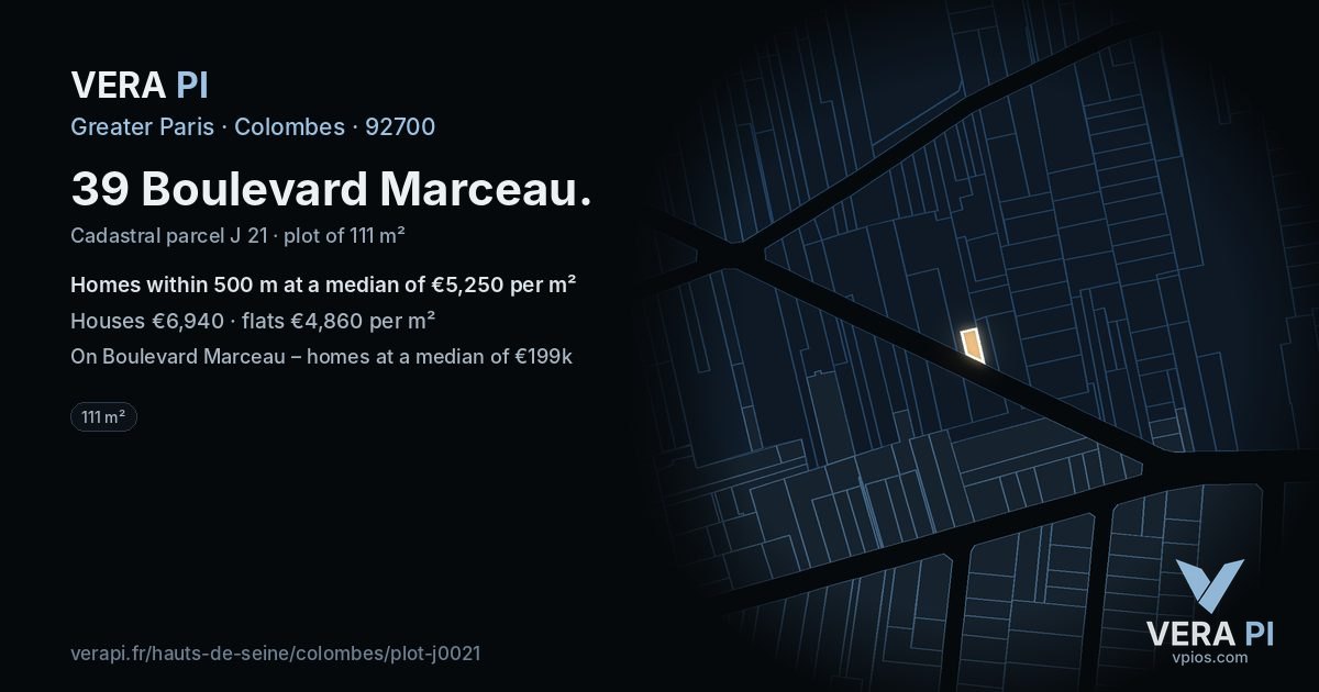 39 Boulevard Marceau, Colombes at night – the plot lit, the parcels around coloured by the prices near them