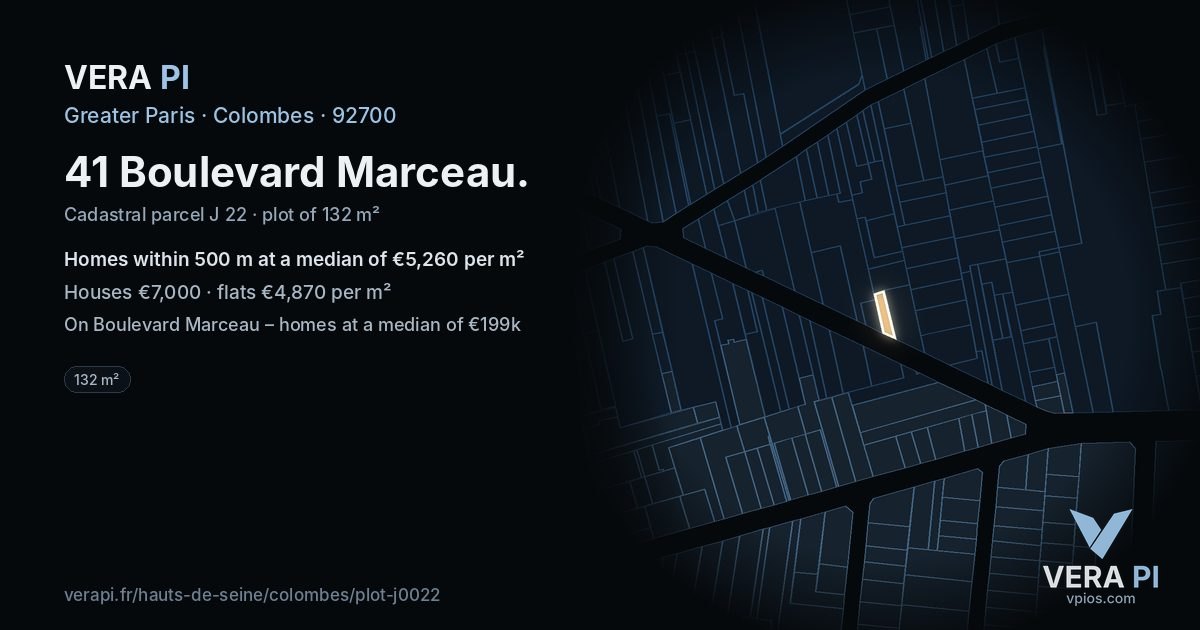 41 Boulevard Marceau, Colombes at night – the plot lit, the parcels around coloured by the prices near them