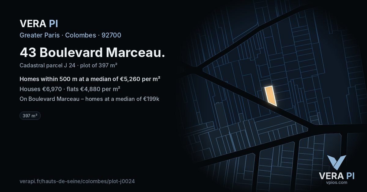 43 Boulevard Marceau, Colombes at night – the plot lit, the parcels around coloured by the prices near them