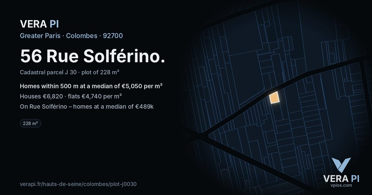 56 Rue Solférino, Colombes at night – the plot lit, the parcels around coloured by the prices near them