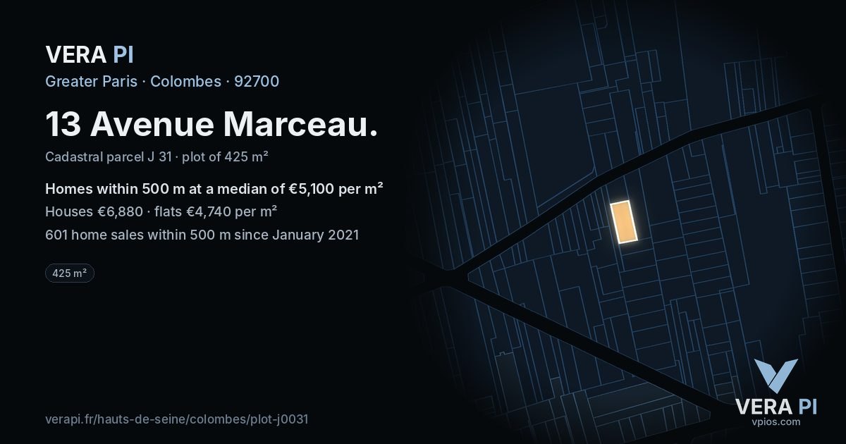 13 Avenue Marceau, Colombes at night – the plot lit, the parcels around coloured by the prices near them