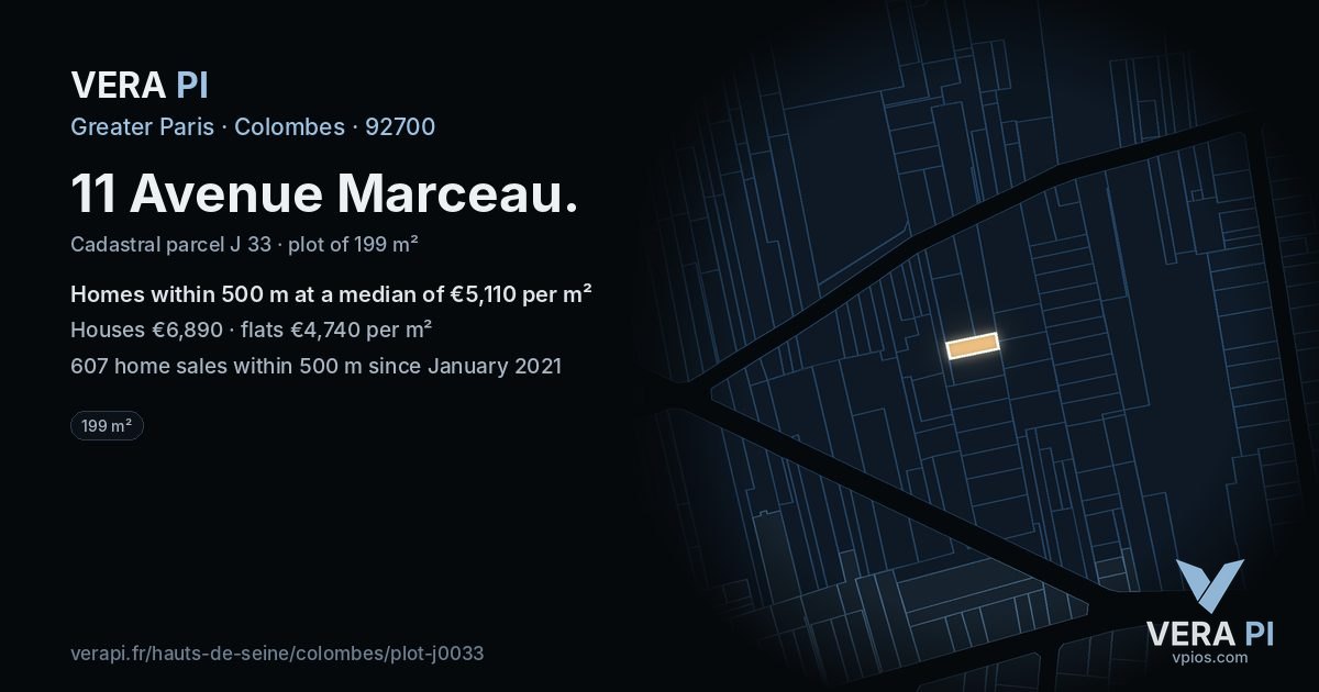 11 Avenue Marceau, Colombes at night – the plot lit, the parcels around coloured by the prices near them