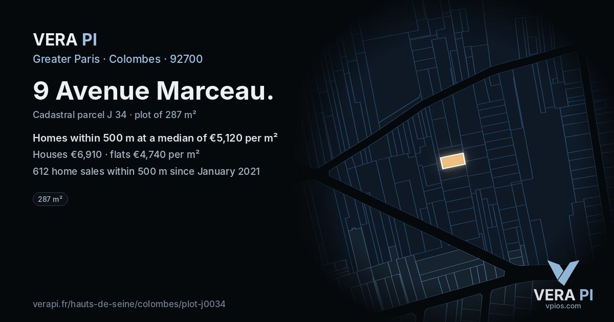 9 Avenue Marceau, Colombes at night – the plot lit, the parcels around coloured by the prices near them