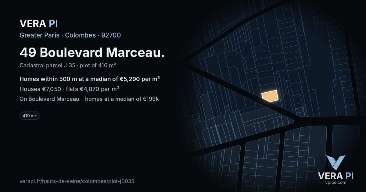 49 Boulevard Marceau, Colombes at night – the plot lit, the parcels around coloured by the prices near them