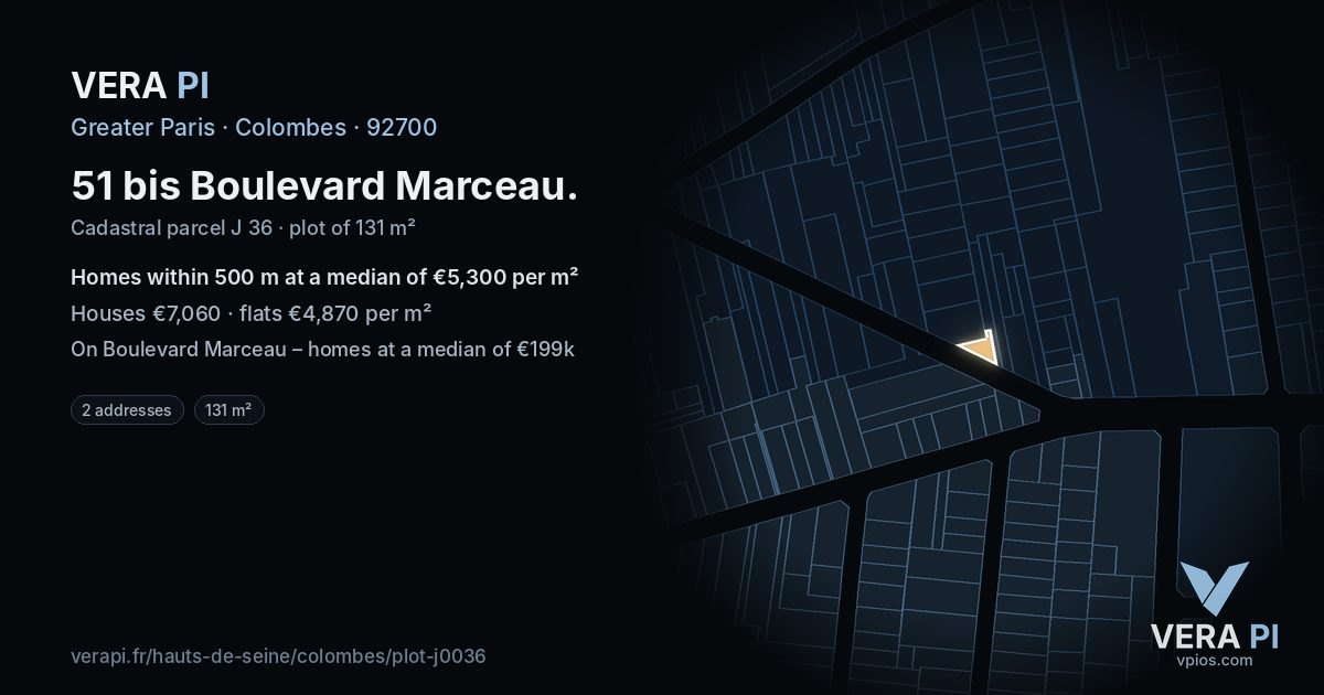 51 bis Boulevard Marceau, Colombes at night – the plot lit, the parcels around coloured by the prices near them