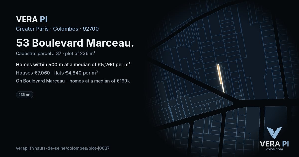 53 Boulevard Marceau, Colombes at night – the plot lit, the parcels around coloured by the prices near them