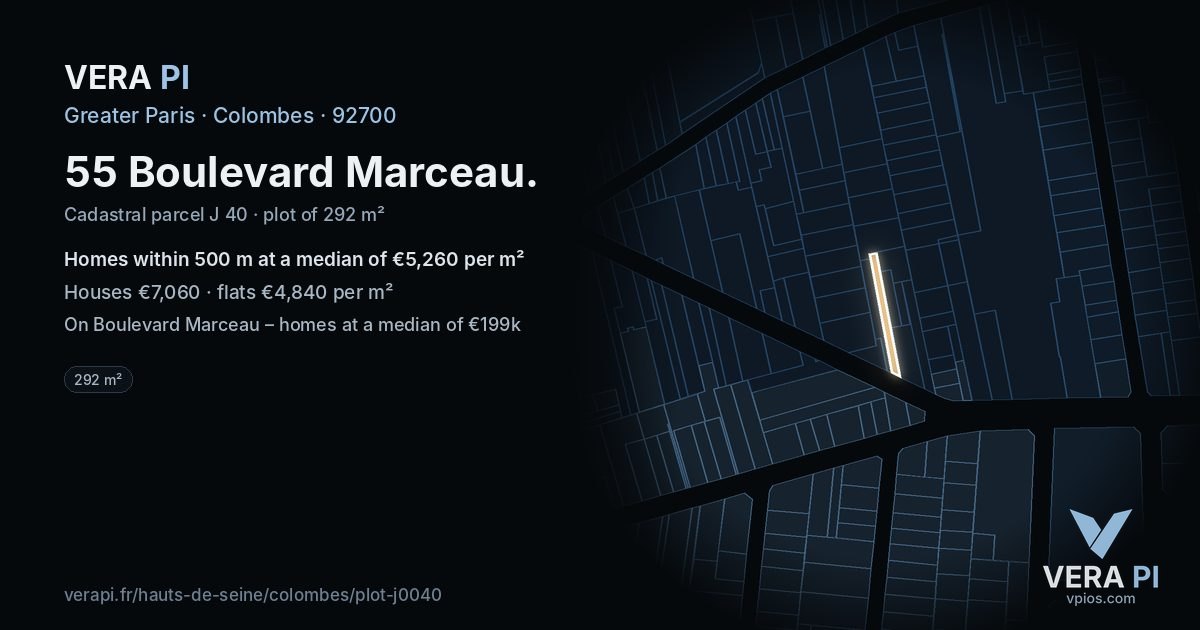 55 Boulevard Marceau, Colombes at night – the plot lit, the parcels around coloured by the prices near them