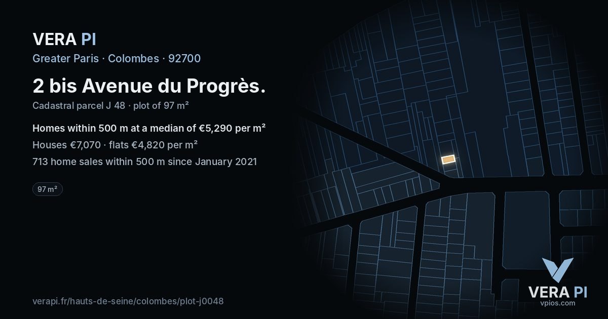 2 bis Avenue du Progrès, Colombes at night – the plot lit, the parcels around coloured by the prices near them